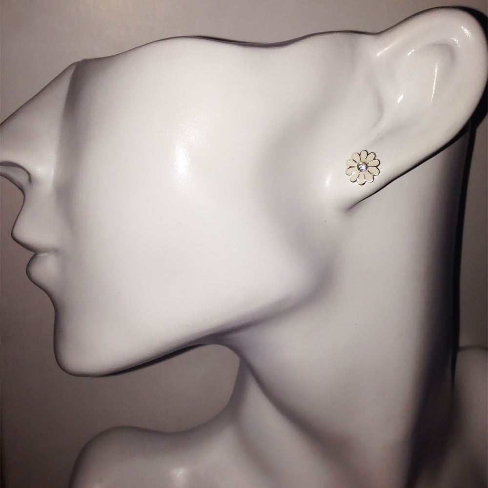 Crystal and White Enamel Daisy Stud Earrings