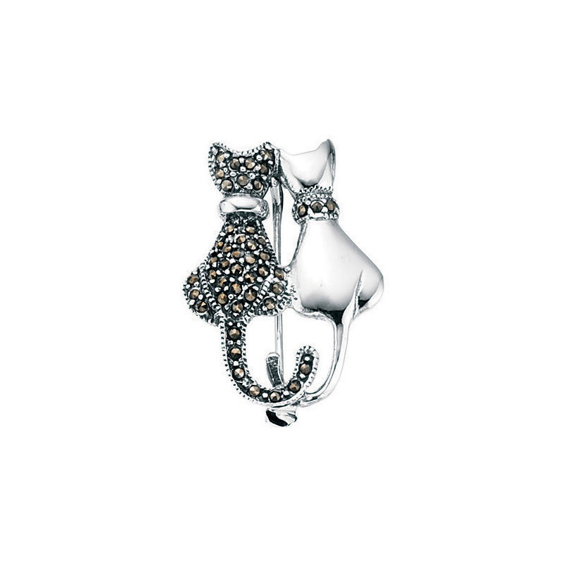 Back to Back Silver Marcasite Cat Brooch