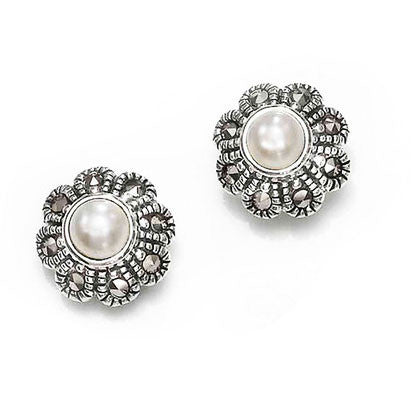 White Pearl Flower Marcasite Earrings