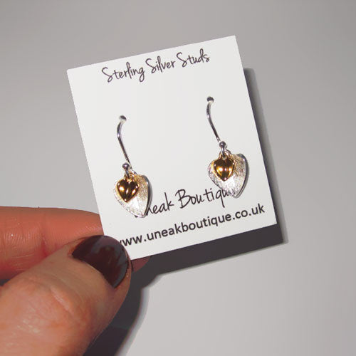 Gold Plated and Scratched Silver Heart Earrings