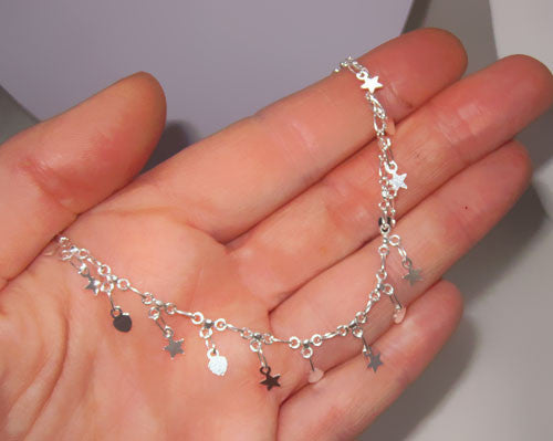Hearts and Stars Silver Anklet