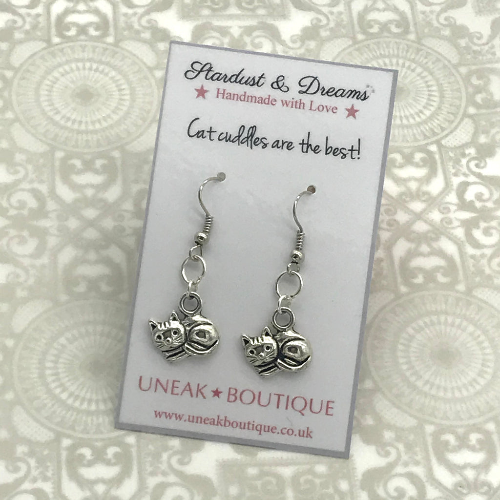Curled Up Cat Silver Earrings