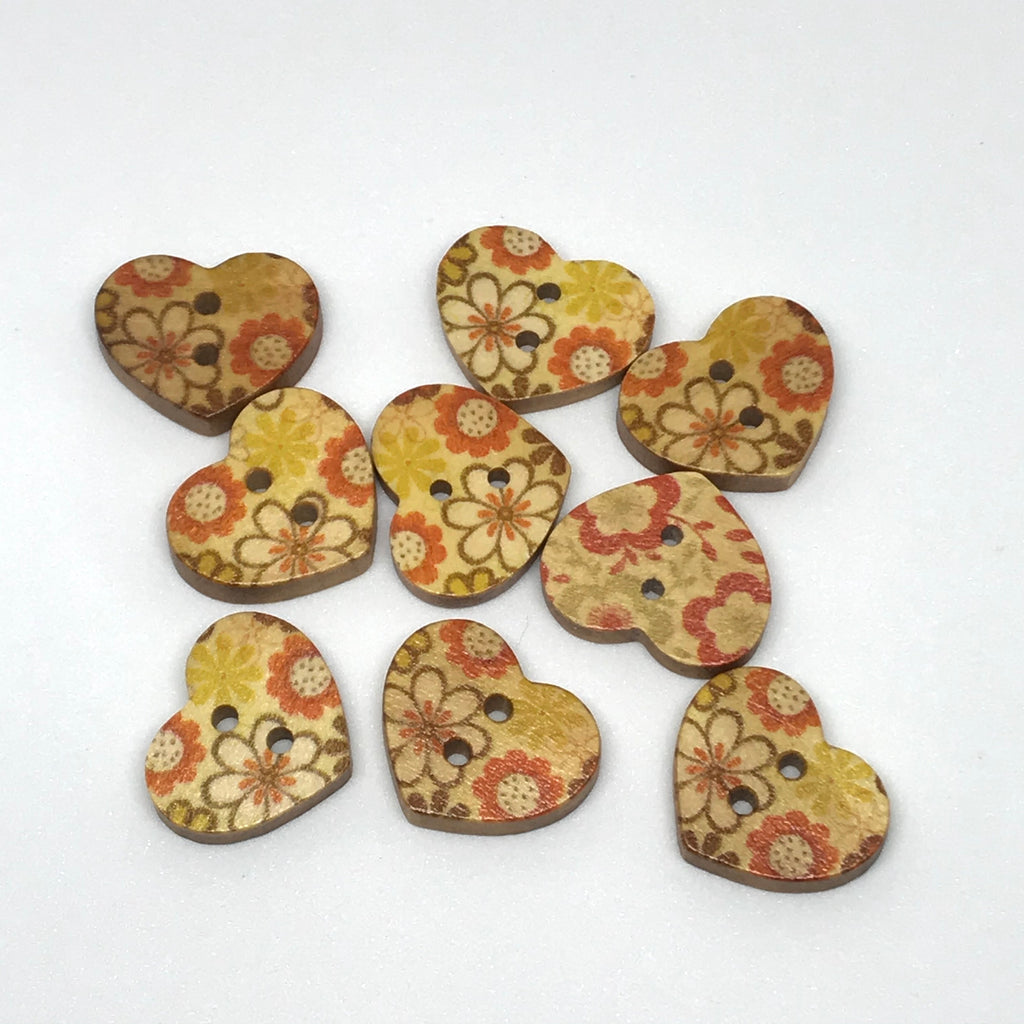 Mustard Floral Heart Wooden Buttons