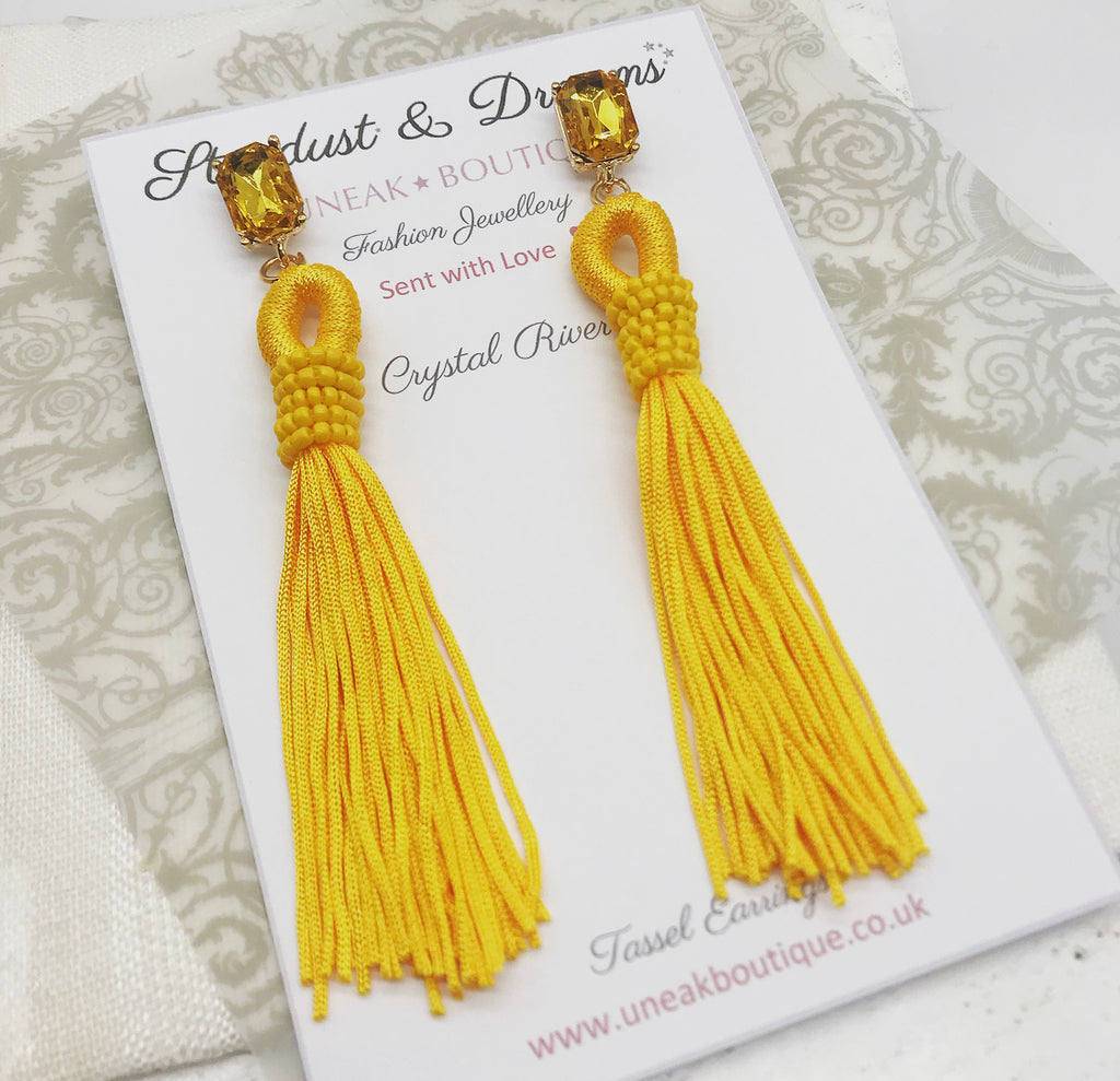 Crystals River Yellow Tassel Earrings