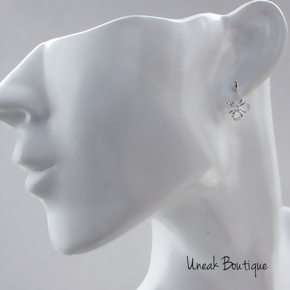 Brushed Silver Four Leaf Earrings with Cubic Zirconia
