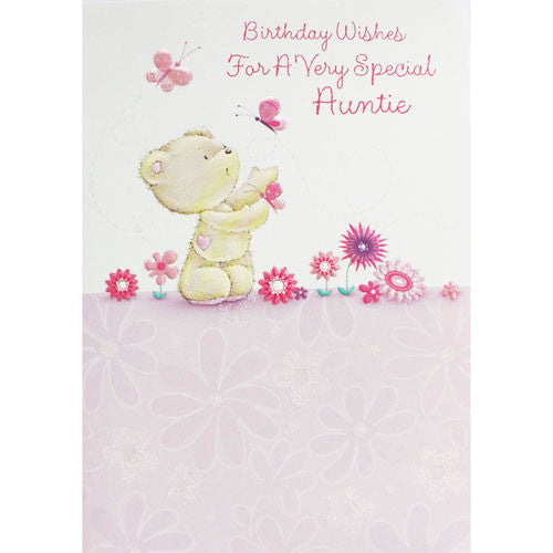 Pink Bear and Butterfly Auntie Birthday Card