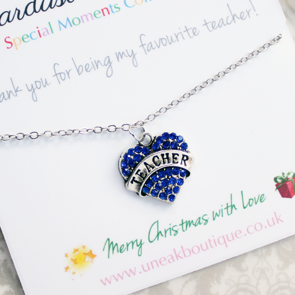 Favourite Teacher Blue Crystal Heart Necklace