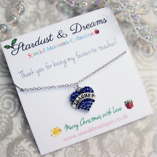 Favourite Teacher Blue Crystal Heart Necklace