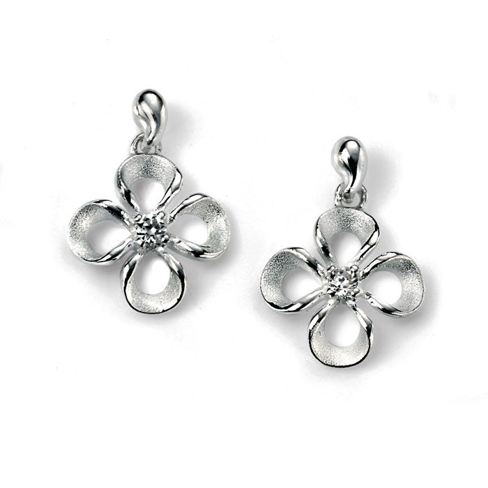 Brushed Silver Four Leaf Mini Earrings with Cubic Zirconia