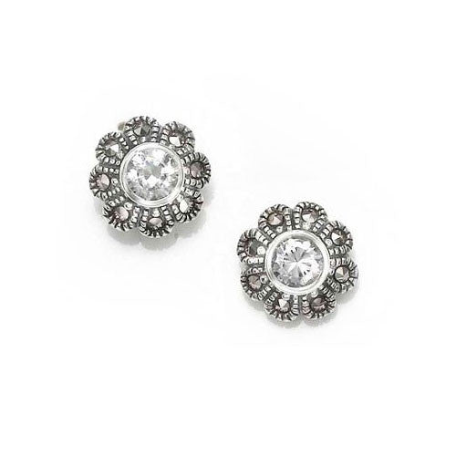 Cubic Zirconia Flower Marcasite Earrings