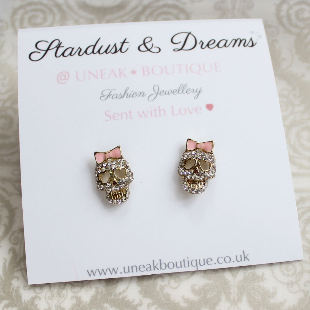 Dana Pink Bow Crystal Skull Earrings