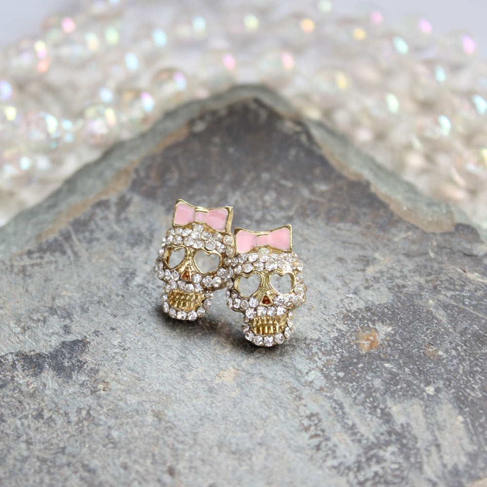 Dana Pink Bow Crystal Skull Earrings
