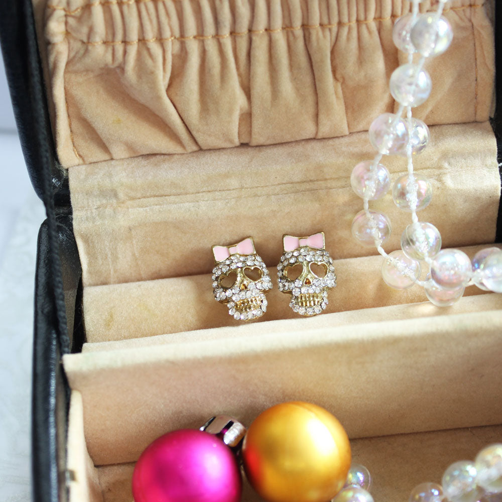 Dana Pink Bow Crystal Skull Earrings