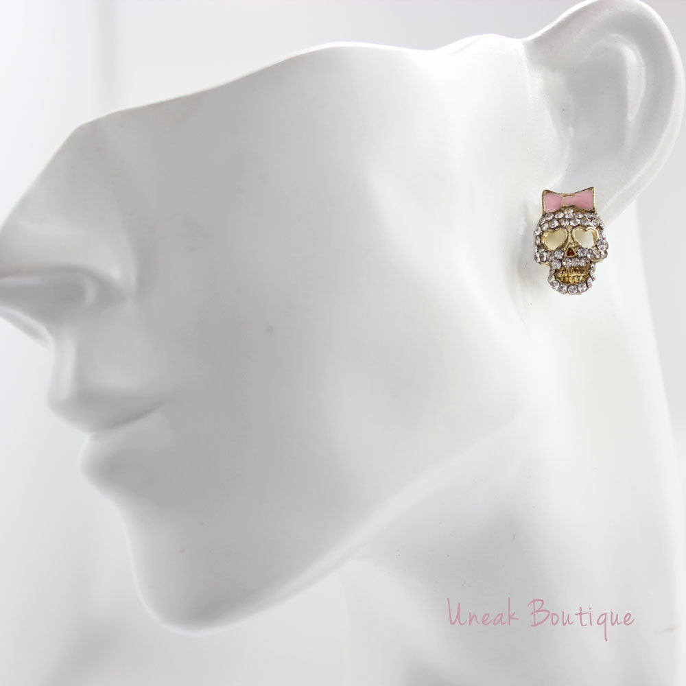 Dana Pink Bow Crystal Skull Earrings