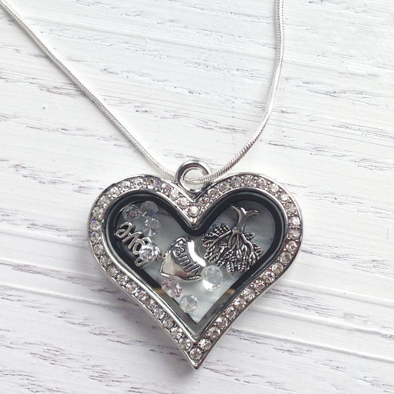 Family Love Crystal Heart Memory Locket with Floating Charms