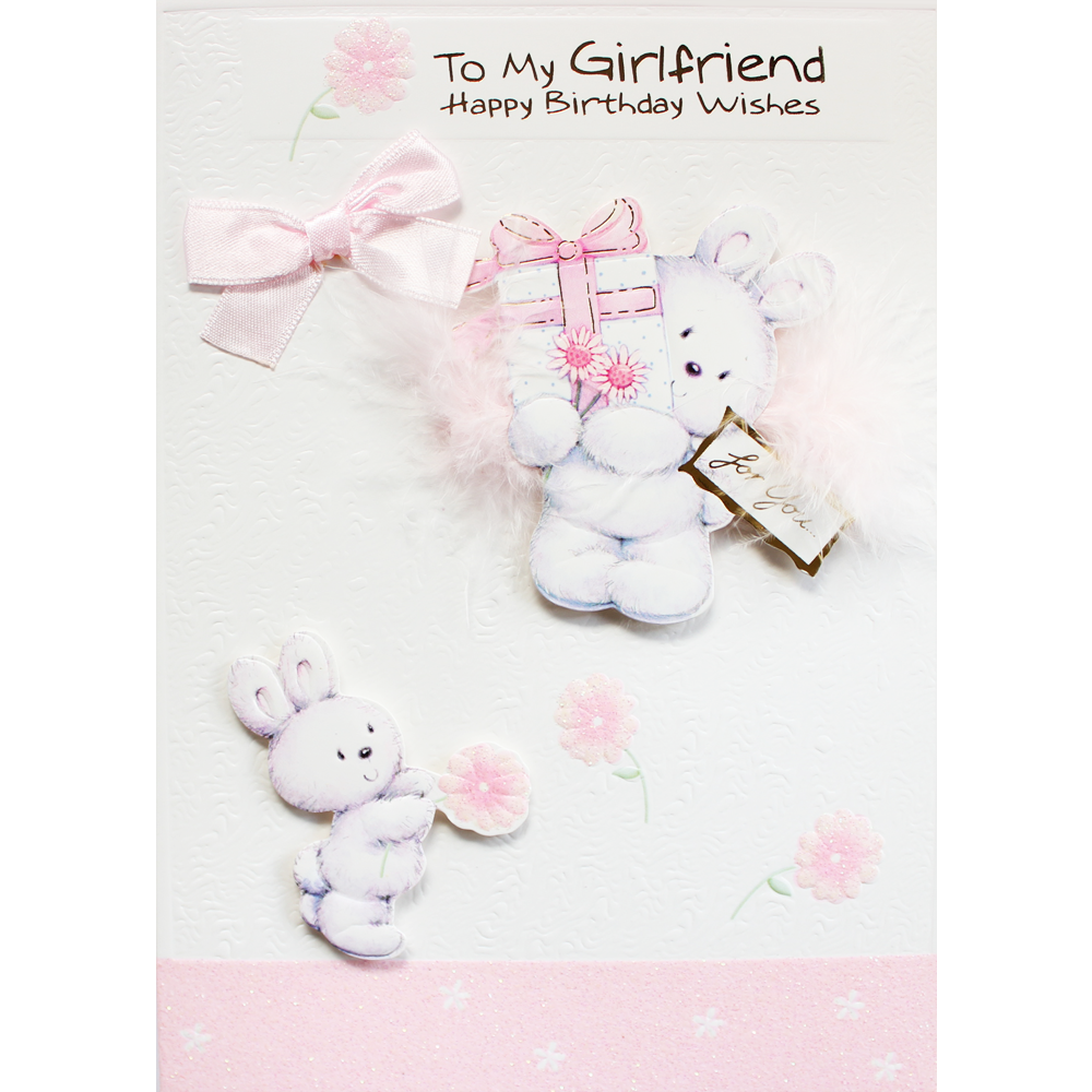 Pink Rabbit with Flowers Girlfriend Birthday Card