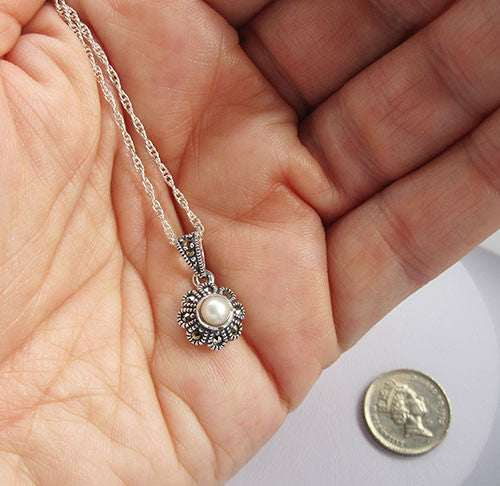Flower Pearl Marcasite Pendant 