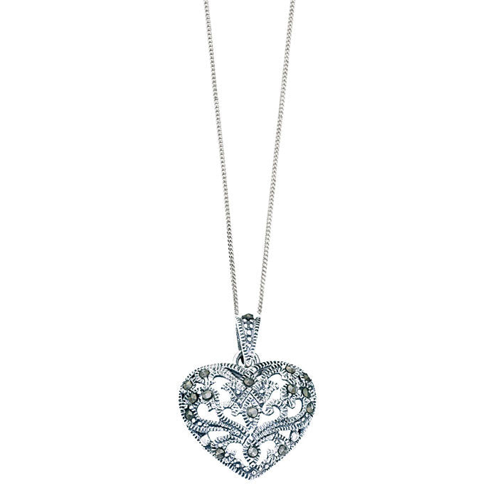 Silver Hollow Heart Marcasite Pendant