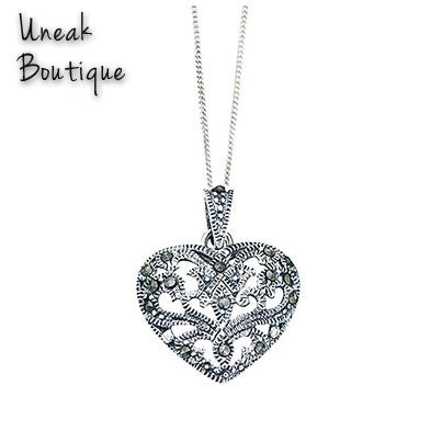 Silver Hollow Heart Marcasite Pendant