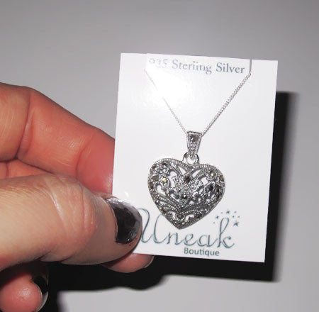 Silver Hollow Heart Marcasite Pendant