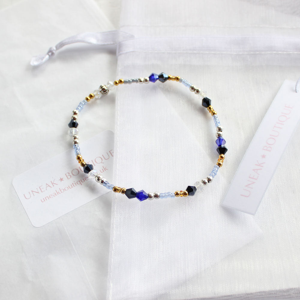 Midnight Silver Blue and Gold Beaded Bracelet