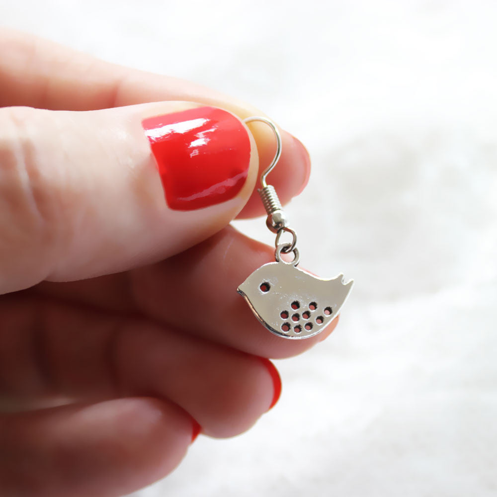 Mini Sparrow Bird Silver Drop Earrings