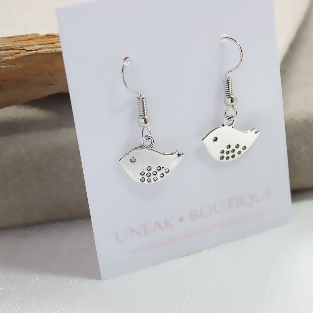 Mini Sparrow Bird Silver Drop Earrings