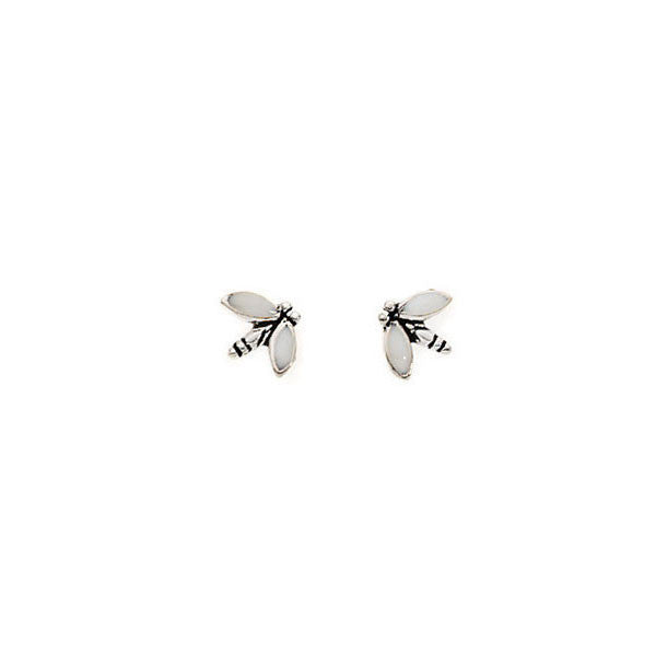 White Enamel Dragonfly Silver Stud Earrings