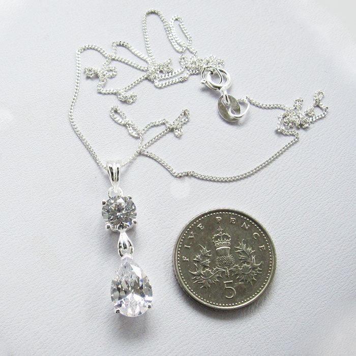 Round and Teardrop Cubic Zirconia Silver Pendant