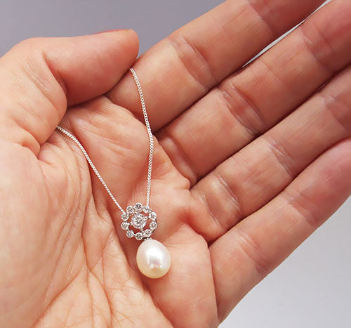 Silver Rose Pearl Pendant with Cubic Zirconia