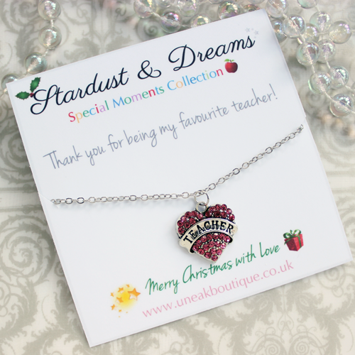 Favourite Teacher Pink Crystal Heart Necklace