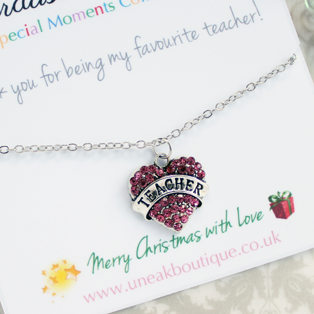 Favourite Teacher Pink Crystal Heart Necklace