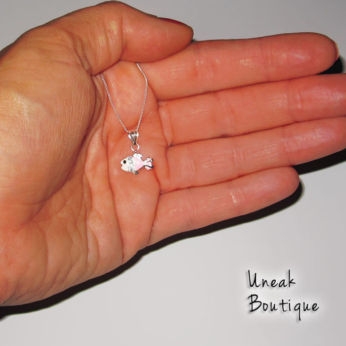Girls Pink and White Enamel Fish Pendant with Crystal