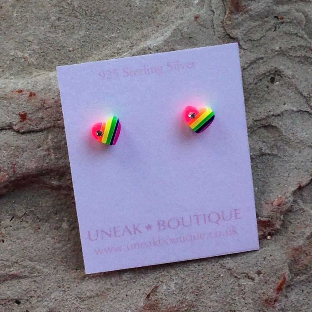 Rainbow Crystal Heart Stud Earrings