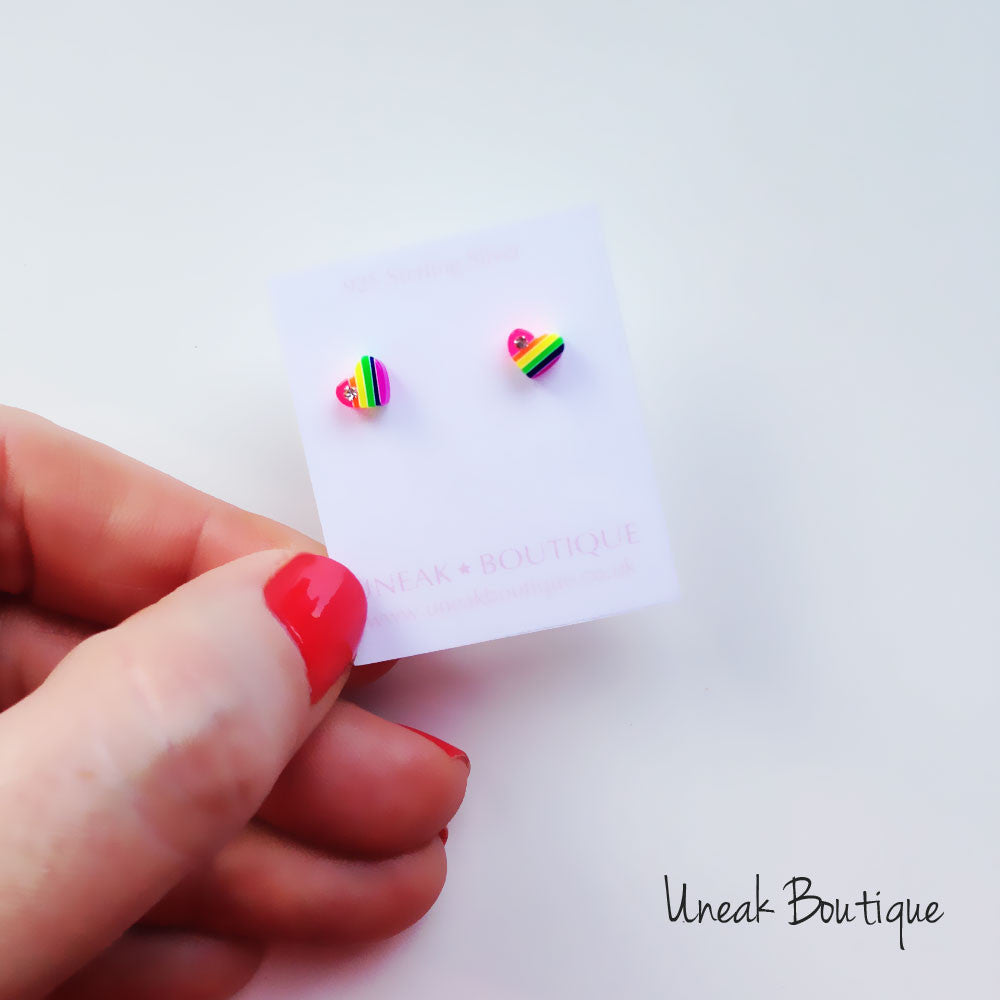 Rainbow Crystal Heart Stud Earrings