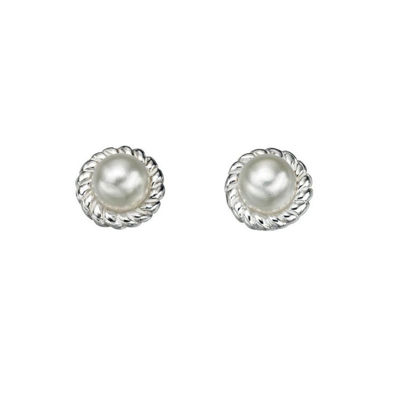 Rope Edge Silver Solitaire Pearl Stud Earrings