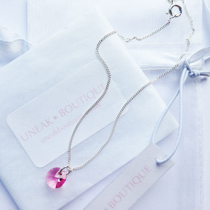 Rose Pink Crystal Xilion Silver Anklet