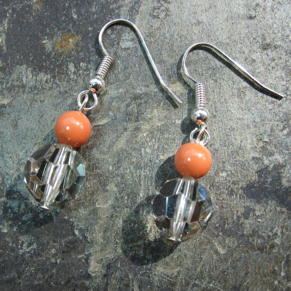 Round Crystal and Coral Pearl Handmade Earrings by Love Lily