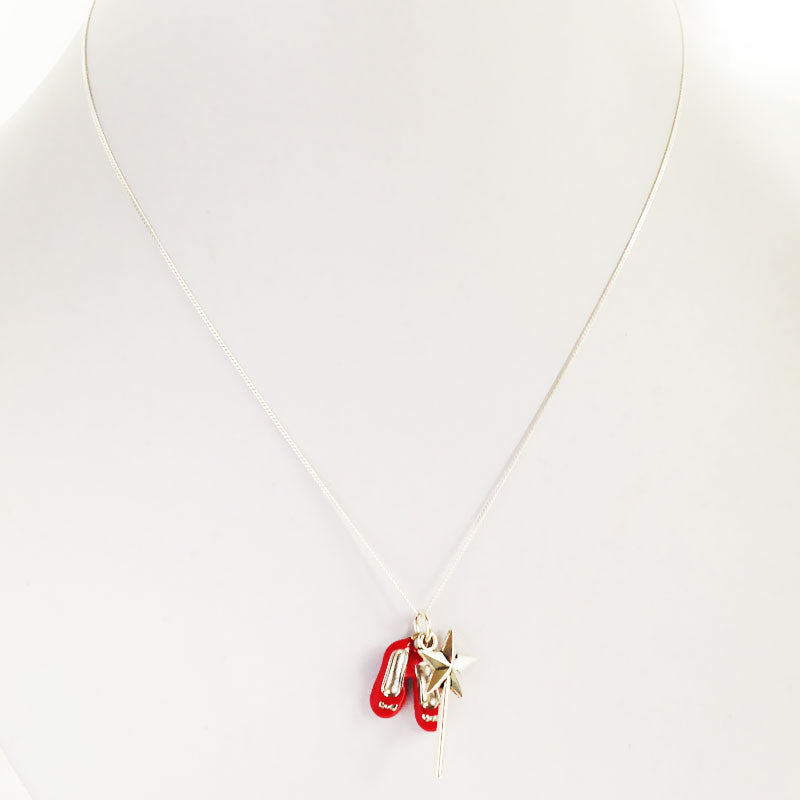 Ruby Red Slippers and Glinda Wand Charm Sterling Silver Necklace