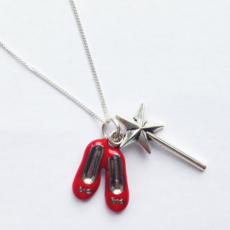 Ruby Red Slippers and Glinda Wand Charm Sterling Silver Necklace