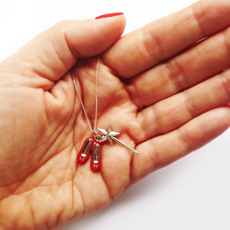 Ruby Red Slippers and Glinda Wand Charm Sterling Silver Necklace