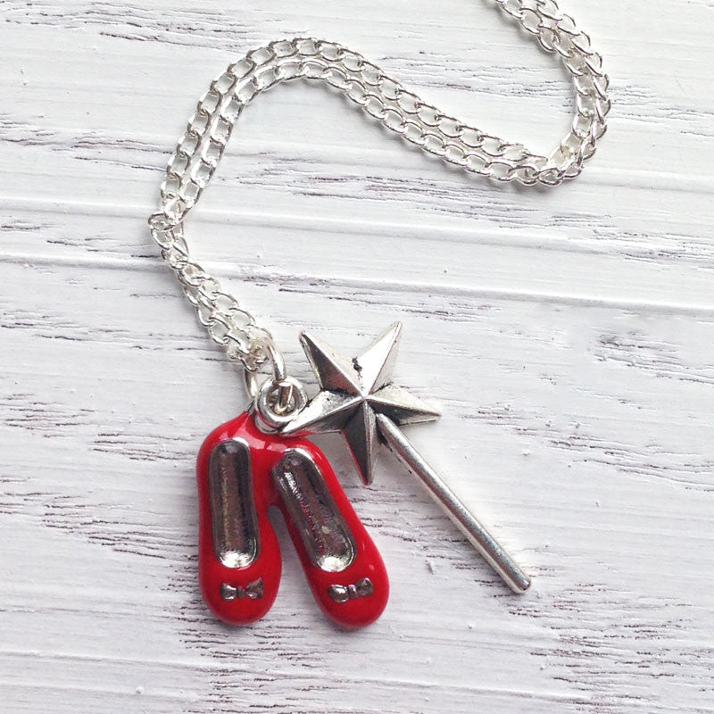 Ruby Red Slippers and Glinda Wand Charm Sterling Silver Necklace