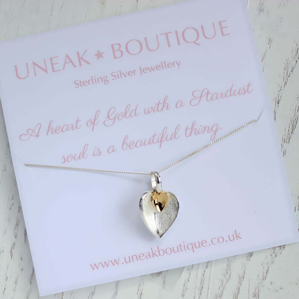 Scratched Silver Heart Pendant with Gold Plated Heart