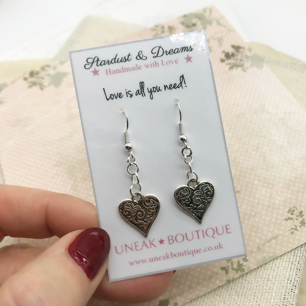 Silver Scroll Heart Earrings