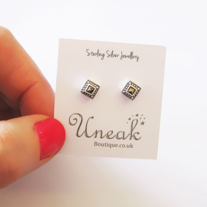 Small Beaded Square Marcasite Earrings
