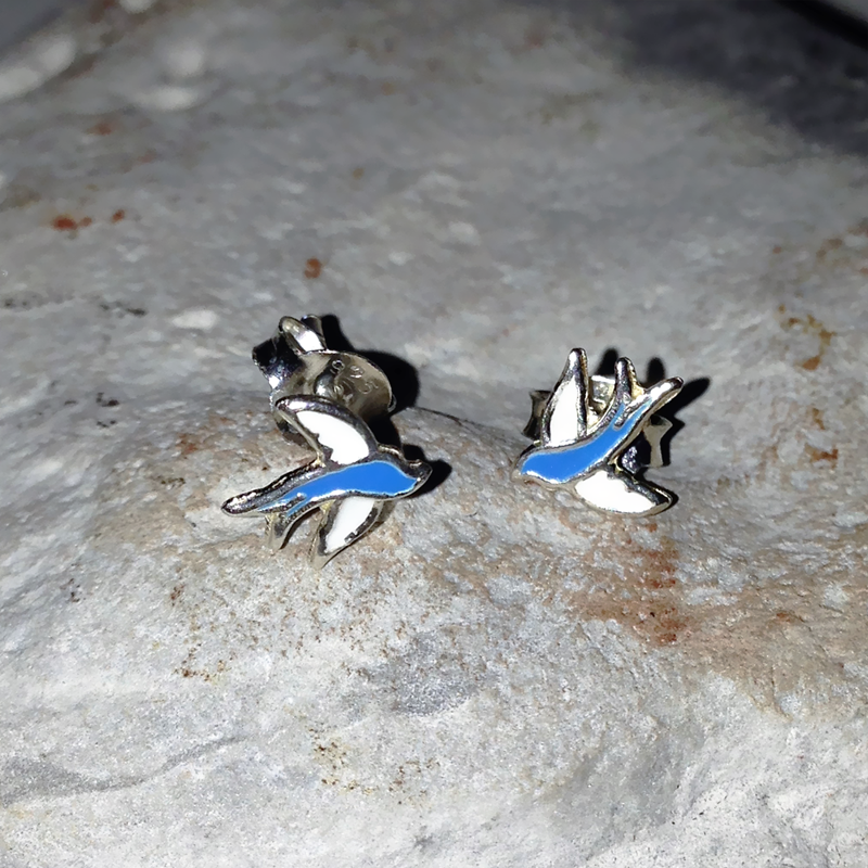 Blue and White Enamel Swallow Stud Earrings