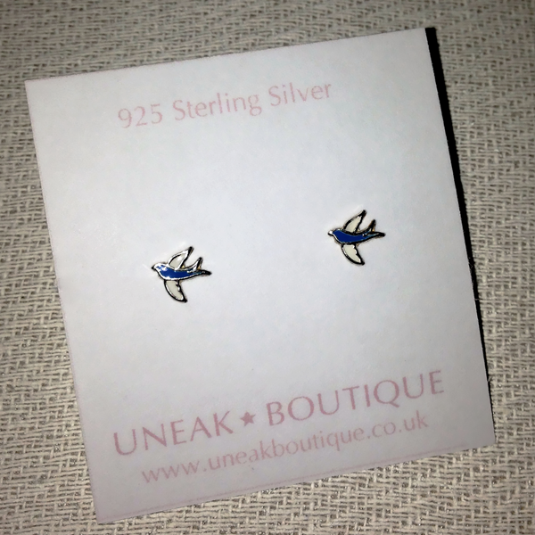 Blue and White Enamel Swallow Stud Earrings