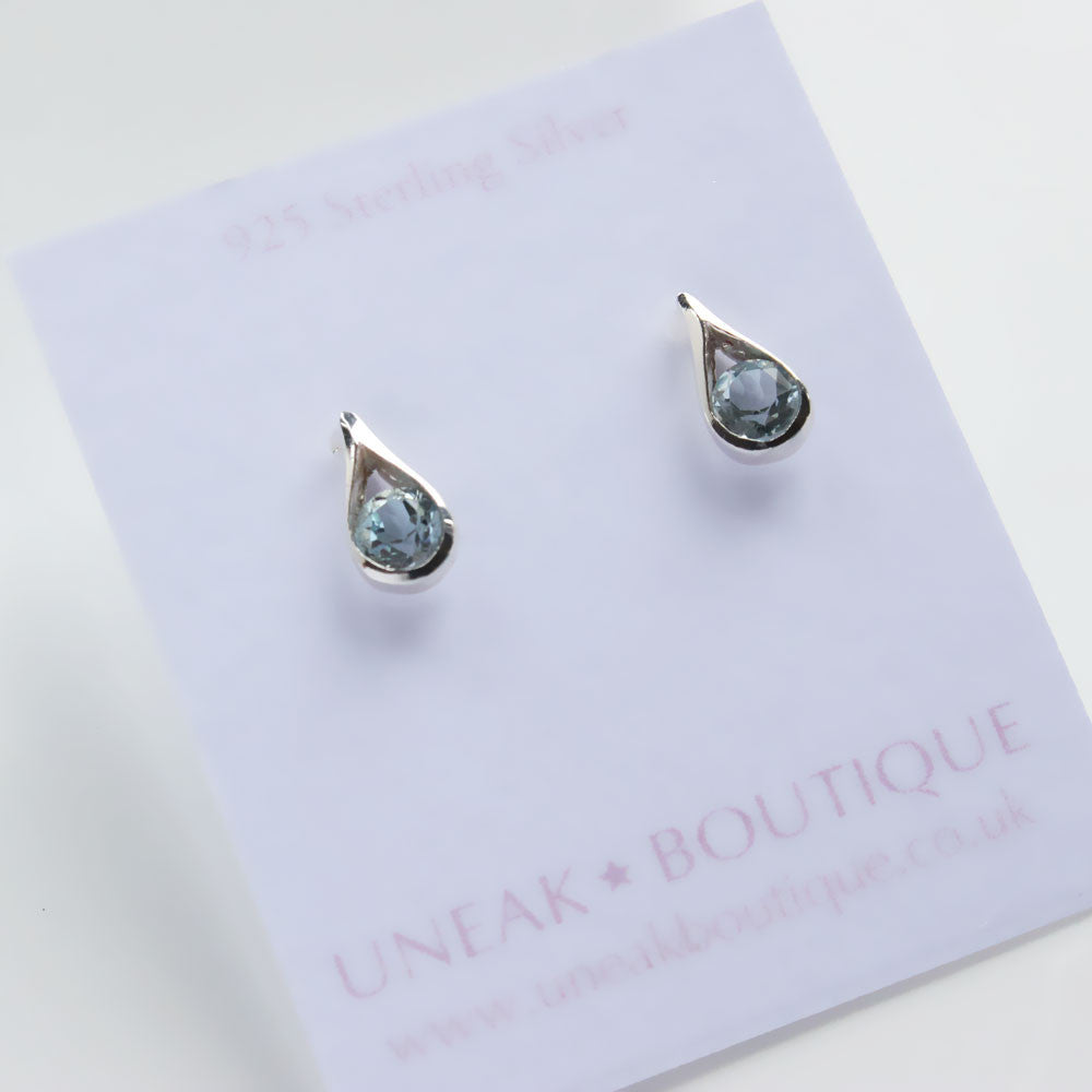 Mini Silver Teardrop Blue Topaz Earrings