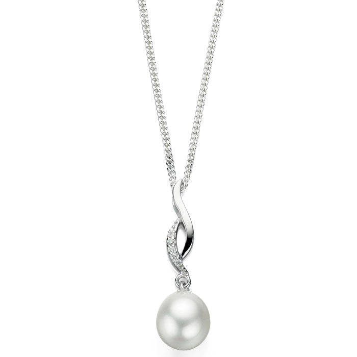 Curved Swirl Silver Pearl Bridal Pendant