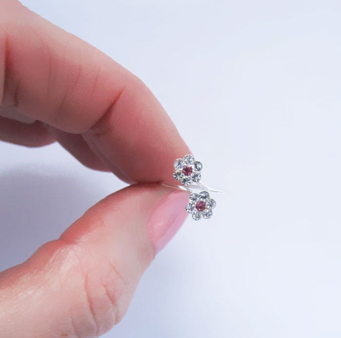 Double Pink Flower Silver Toe Ring